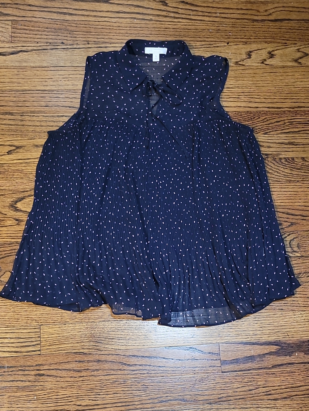 LC Lauren Conrad Navy Sleeveless Pleated Blouse with Pink Dot Tie